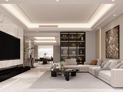 Modern Elegant Living and Dining Room With Sofa Coffee Table TV Wall And Decorative Painting 3d model