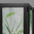 Foldable Room Divider With Black Frame Glass Panels And Green Leaf Pattern 3d model