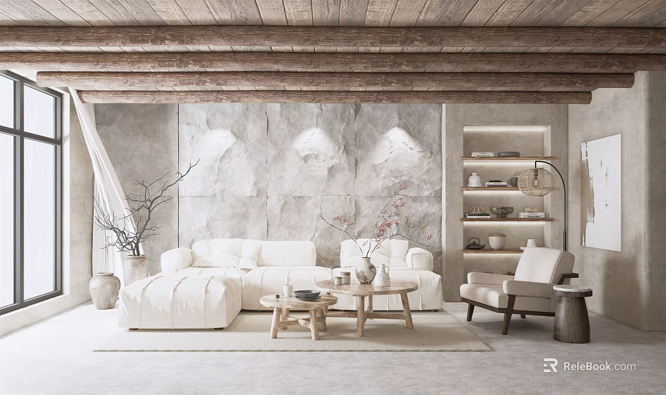 Modern Living Room With White Sofa Wooden Ceiling Beams Gray Stone Wall And Pendant Lights 3d model 