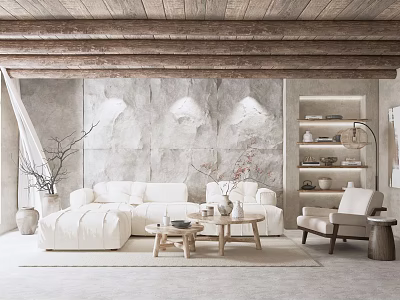 Modern Living Room With White Sofa Wooden Ceiling Beams Gray Stone Wall And Pendant Lights 3d model