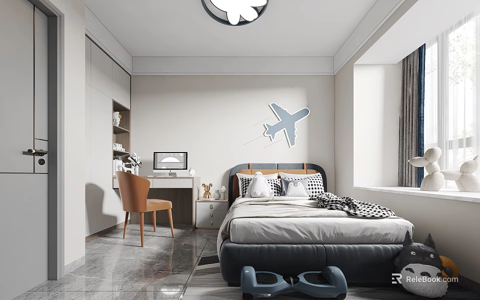 Kids Room Interior With Airplane Wall Decal Bed Desk Chair And Ceiling Lamp 3d model 