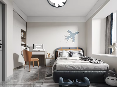 Kids Room Interior With Airplane Wall Decal Bed Desk Chair And Ceiling Lamp 3d model