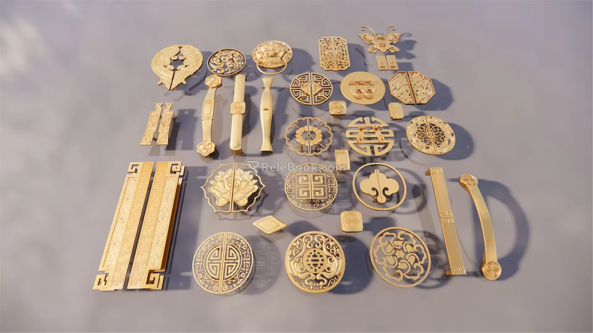 New Chinese Style Handle Xiangyun Moire Lotus Long Character Shou Zi Pattern Metal Carved Door Handle 3d model