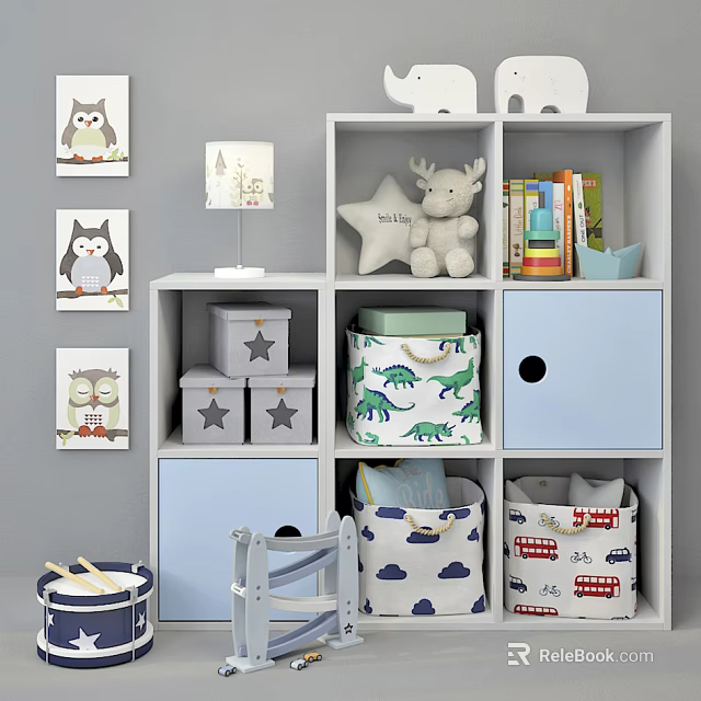 Stylish Decorative Cabinet with Star Storage Boxes Stuffed Toys Owl Wall Art and Small Lamp 3d model 