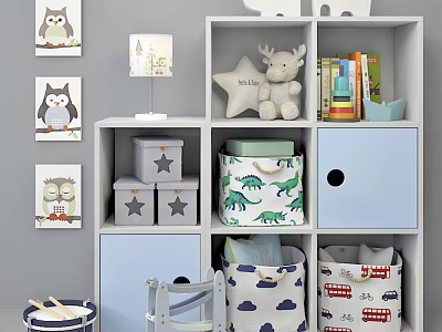 Stylish Decorative Cabinet with Star Storage Boxes Stuffed Toys Owl Wall Art and Small Lamp 3d model