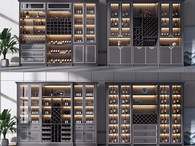 Modern Wine Cabinet Design With LED Lighting Multiple Shelves And Wine Bottle Storage 3d model