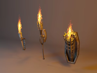 Three Torch Shaped Metallic Wall Sconces With Realistic Flame Design 3d model
