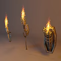 Three Torch Shaped Metallic Wall Sconces With Realistic Flame Design