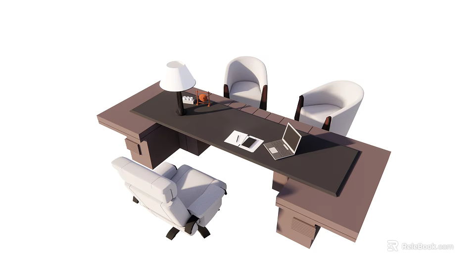 Modern Office Desk Setup With Table Lamp Laptop And Comfortable Chairs 3d model