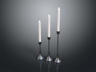 Modern Three Candle Holders With White Candles And Black Metal Conical Bases 3d model