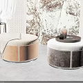 Modern Living Room Interior Round Ottomans With Textured Upholstery Decorative Blanket And Tray