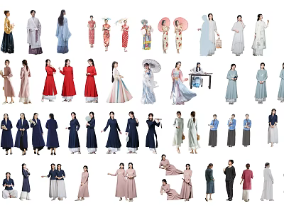 Group of People Wearing Traditional Dresses With Various Styles Colors And Poses 3d model
