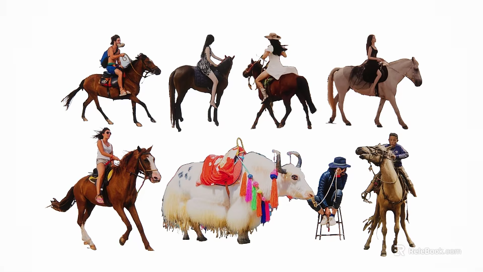 Multiple People Riding Various Animals Including Horses and Decorated Yak in Outdoor Activity 3d model 