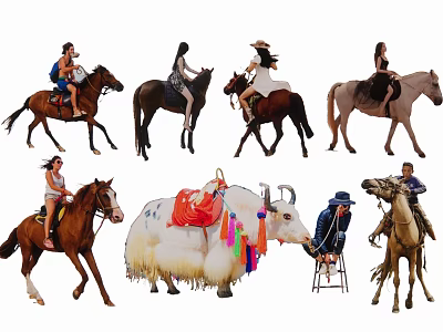 Multiple People Riding Various Animals Including Horses and Decorated Yak in Outdoor Activity 3d model