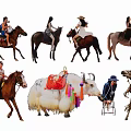 Multiple People Riding Various Animals Including Horses and Decorated Yak in Outdoor Activity