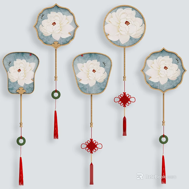 Elegant Chinese Lotus Flower Pendants With Fan Shape And Red Tassel Details 3d model 