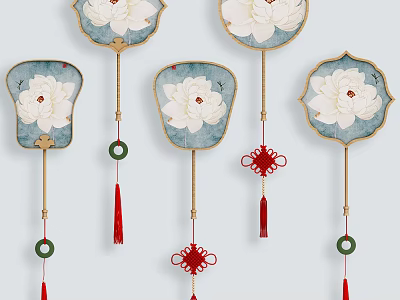 Elegant Chinese Lotus Flower Pendants With Fan Shape And Red Tassel Details 3d model