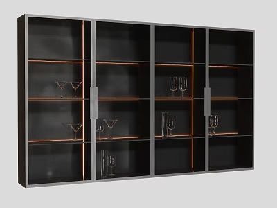 Modern Dark Wine Cabinet Featuring Wooden Shelves And Compartments Holding Wine Glasses Bottles 3d model