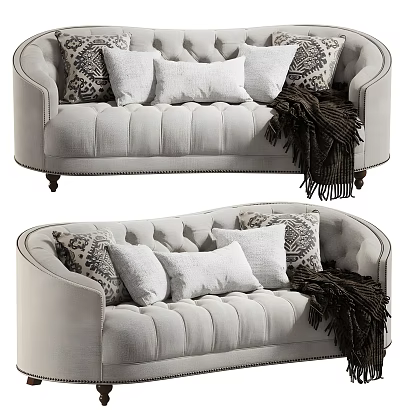 Light Beige Upholstered Sofa With Tufted Design Patterned Plain Pillows And Dark Throw Blanket 3d model