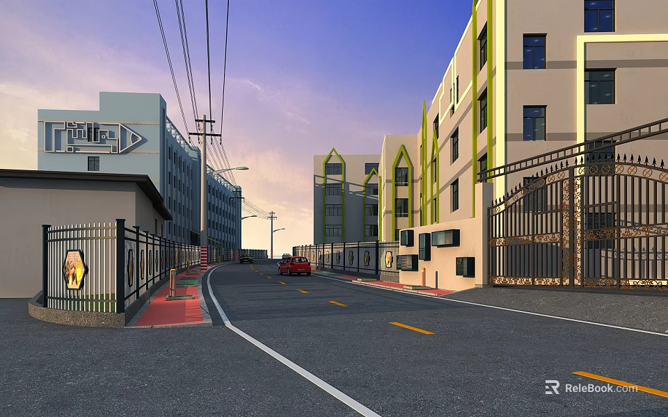 Urban Road Infrastructure With Yellow Dividing Lines White Edge Lines Buildings And Fences 3d model 