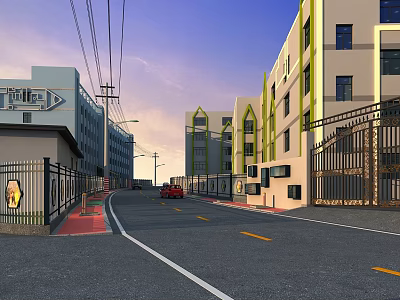 Urban Road Infrastructure With Yellow Dividing Lines White Edge Lines Buildings And Fences 3d model