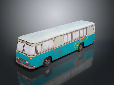 Old Vintage Blue And White Bus With Colorful Graffiti Worn Exterior 3d model