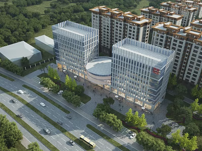 Aerial View Planning of High Rise And Residential Buildings With Roads Greenery And Central Plaza 3d model