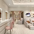 Modern Beauty Hair Salon Interior With Comfortable Sofas Styling Chairs And Decorative Shelves