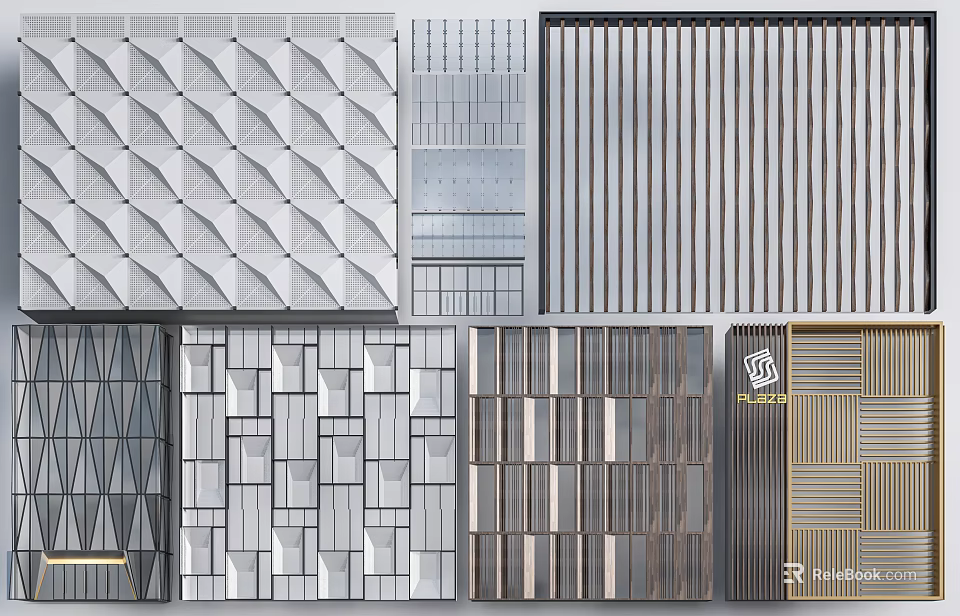 Various Modern Building Facade Decorative Panels With Geometric Patterns And Textures 3d model