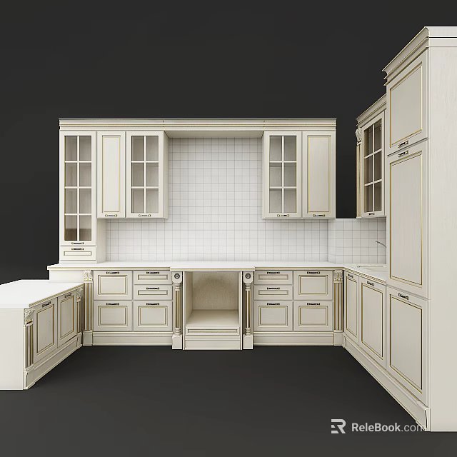 White Modern Kitchen Cabinets With Glass Doors Drawers And White Tile Backsplash 3d model 