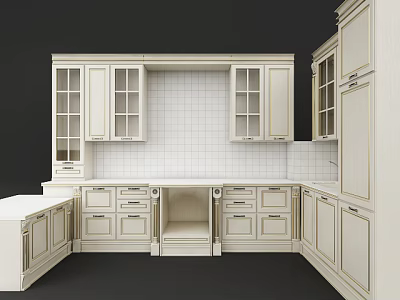 White Modern Kitchen Cabinets With Glass Doors Drawers And White Tile Backsplash 3d model