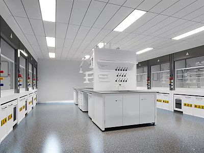 Laboratory Interior Design With Modern Lab Benches White Cabinets Overhead Lighting Fume Hoods And Shelves 3d model