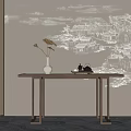 Traditional Chinese Console Table With Landscape Wall Art Wooden Surface And Decorative Vase