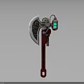 Futuristic Axe Shaped Weapon With Red Handle Metallic Blades And Green Glowing Component