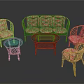 Rattan Sofa And Coffee Table Set With Floral Cushions And Matching Chairs For Living Room