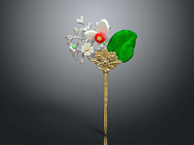Golden Hairpin Jewelry With White Flowers Red Centers Green Leaf And Pearls 3d model