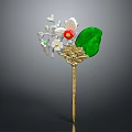Golden Hairpin Jewelry With White Flowers Red Centers Green Leaf And Pearls