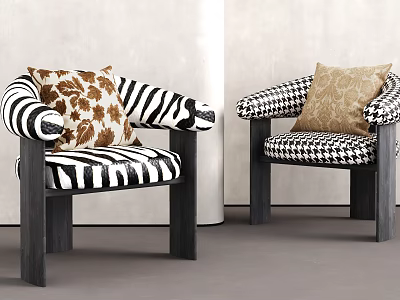 Stylish Dining Chairs With Zebra Print Houndstooth Patterns Accent Pillows And Wooden Legs 3d model