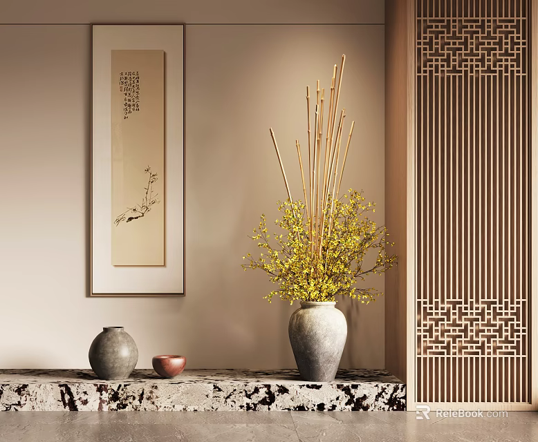 Bonsai Potted Plant Decor In Traditional Chinese Interior With Wooden Screen And Ceramic Vase 3d model 