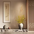 Bonsai Potted Plant Decor In Traditional Chinese Interior With Wooden Screen And Ceramic Vase