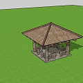 Outdoor Wooden Pavilion With Sloped Roof Surrounded By Trees And People On Grass