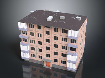 Multi Story Residential Building With Red Brick Exterior White Balcony Railings And Dark Roof 3d model