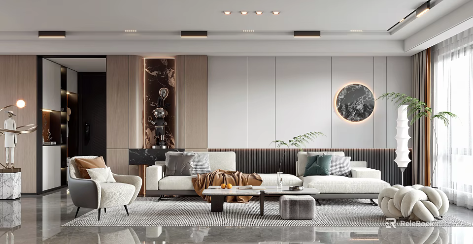 Modern Elegant Living Dining Room Interior With White Sofa Coffee Table And Round Wall Art 3d model 