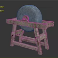Traditional Stone Mill Placed on Handcrafted Rustic Wooden Stand with Vintage Design