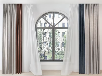 Elegant Multi Colored Curtains For Arched Window With Trees View Interior 3d model