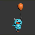 Game Movie Character Blue Little Monster With Horns Holding Orange Balloon Cheerful Expression