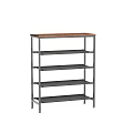 Multi Tiered Shoe Rack With Various Shoes Handbags And Storage Boxes In Living Room