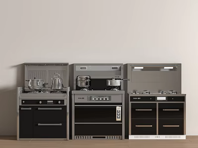 Modern Black And Silver Kitchen Appliances With Stove Kettle Pots And Storage Cabinets 3d model