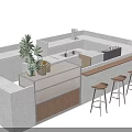 Modern Open Kitchen Design With Bar Counter High Stools Potted Plant And Display Case 3d model