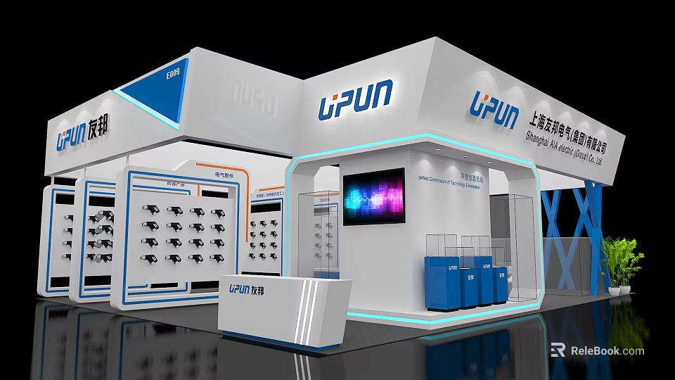UPUN Exhibition Booth Modern White And Blue Design With Display Cabinets And Digital Screen 3d model 